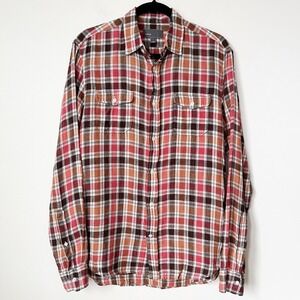 Vince 100% Linen Button Down Shirt Brown Red Plaid Mens Small Fall Lightweight